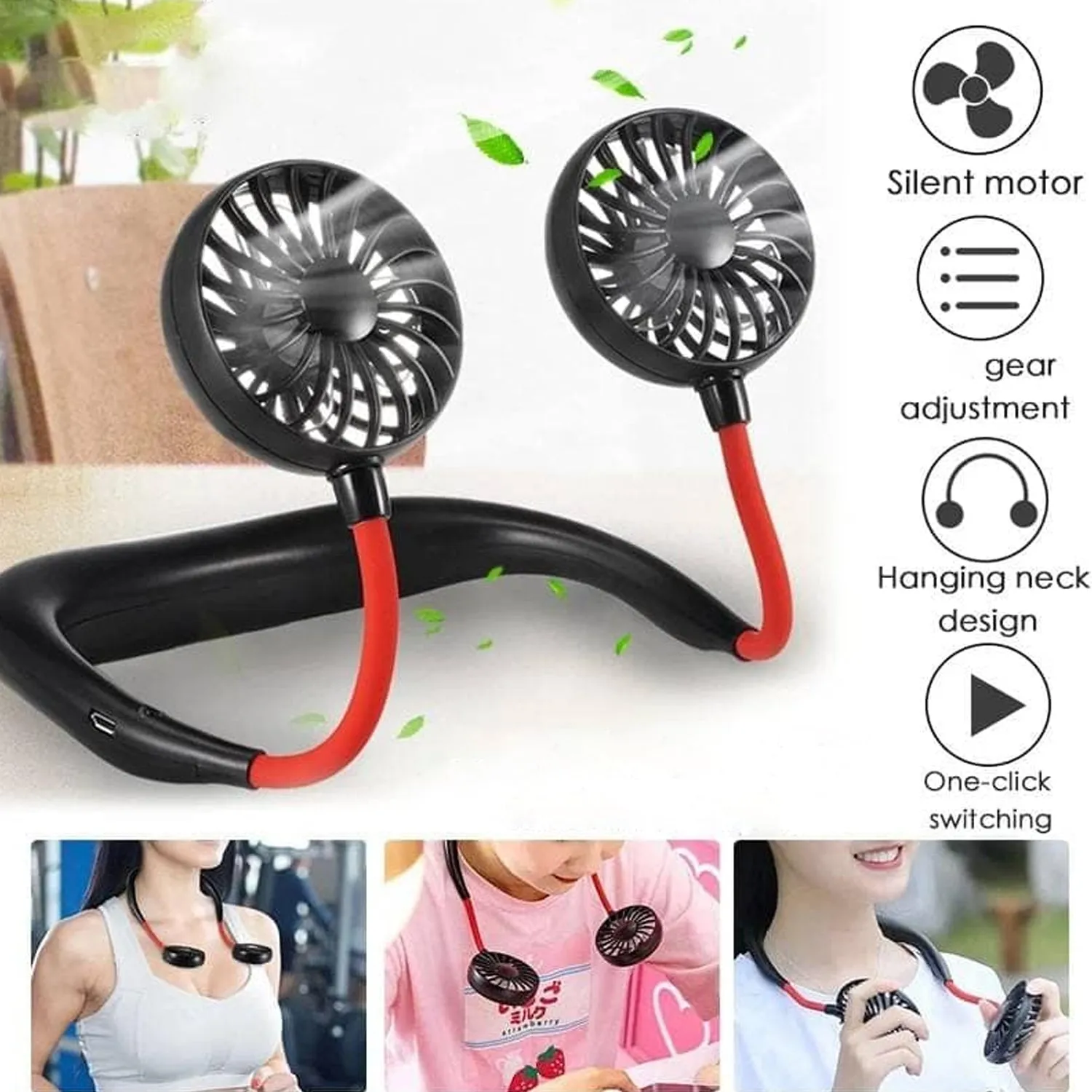 0867 Hand Free Personal Fan - Portable USB Battery Rechargeable With Battery Comaprtment Mini Fan - Headphone Design Wearable Neckband Fan Necklance Fan Cooler Fan for Home, Sport, Camping, Beach, Travel, Office (Battery Not Included)