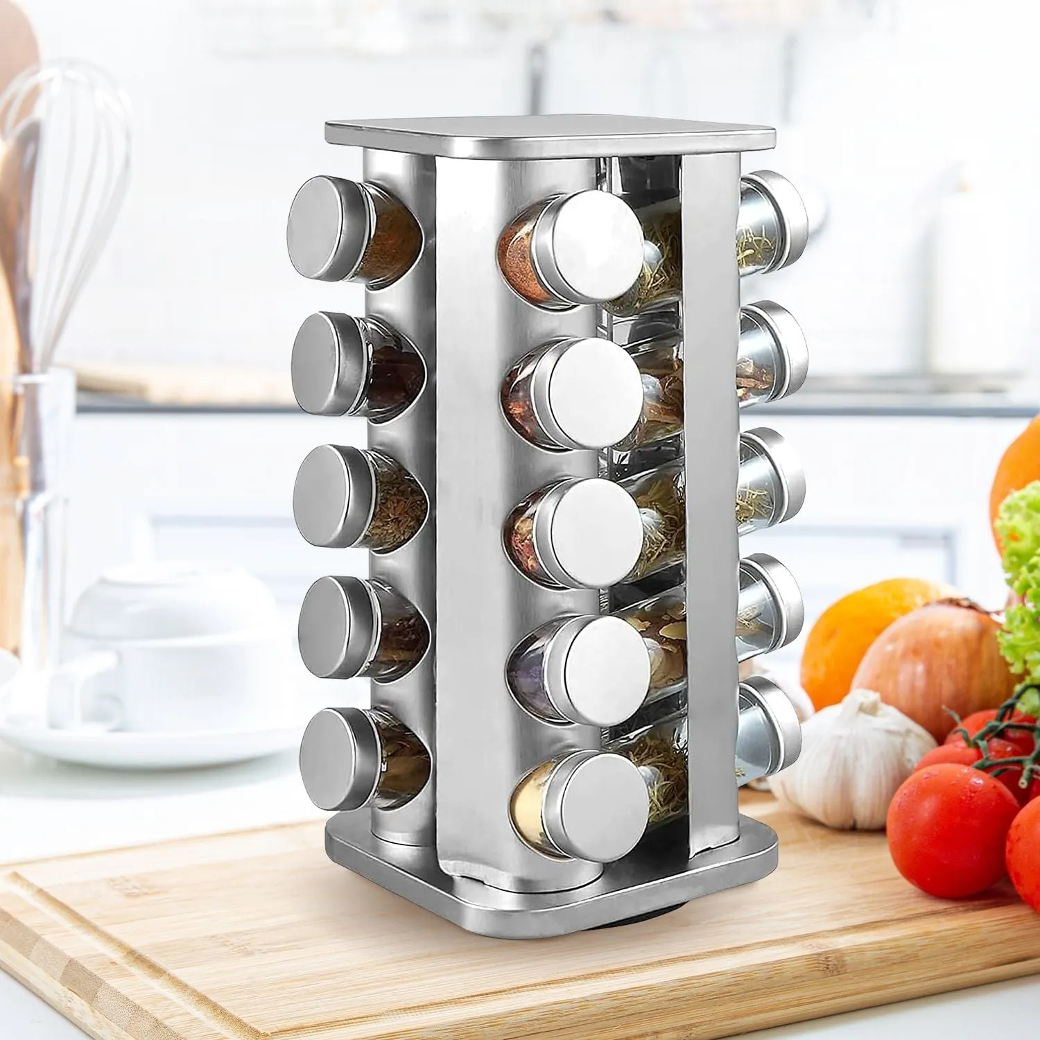 20-Jar Rotating Spice Rack with Labels and Funnel - Gominimo