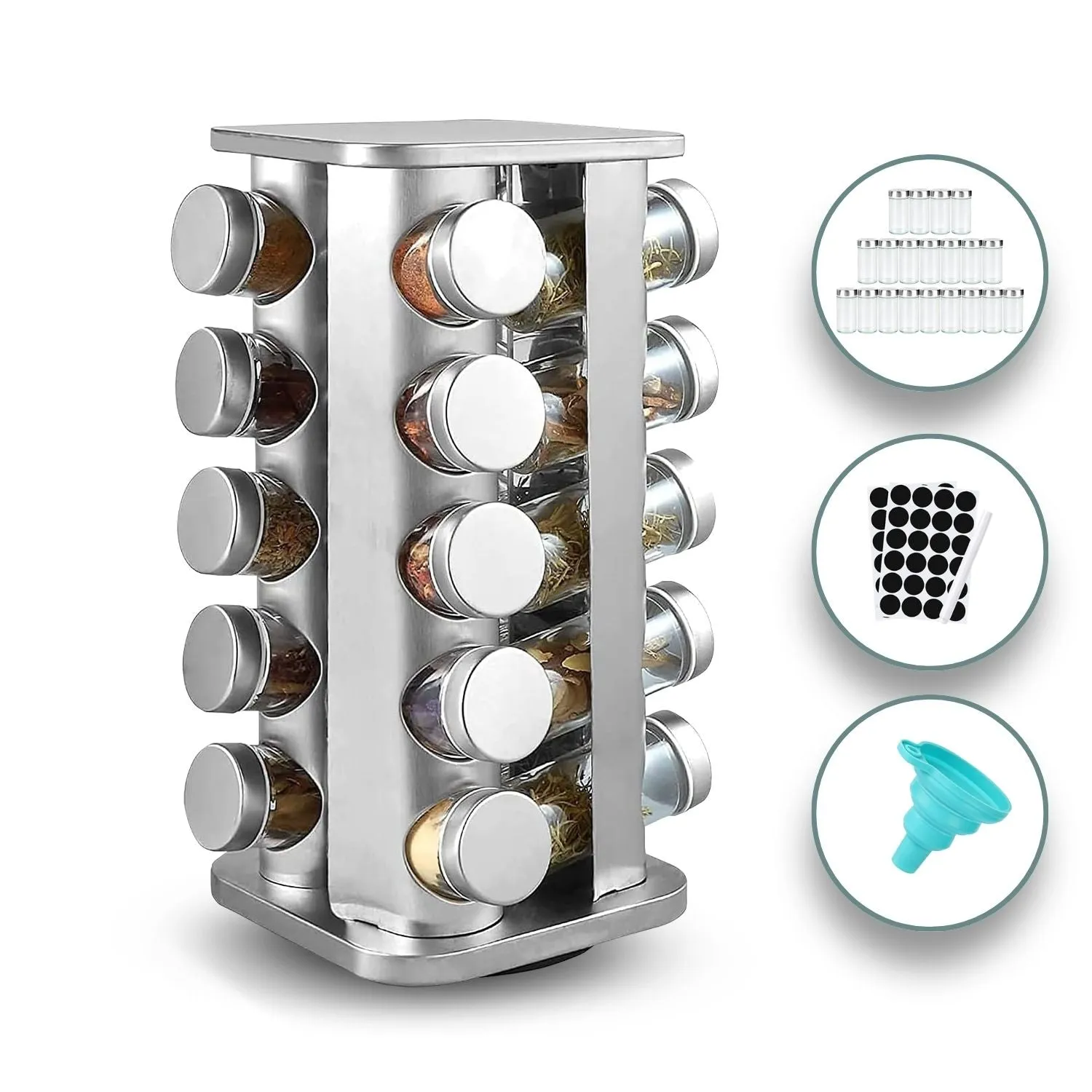 20-Jar Rotating Spice Rack with Labels and Funnel - Gominimo