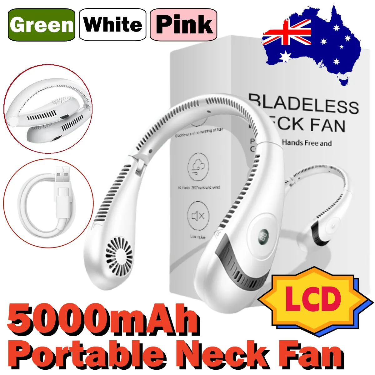 5000mAh Bladeless Foldable Mini Neck Fan, Quiet, Rechargeable, 360° Cooler