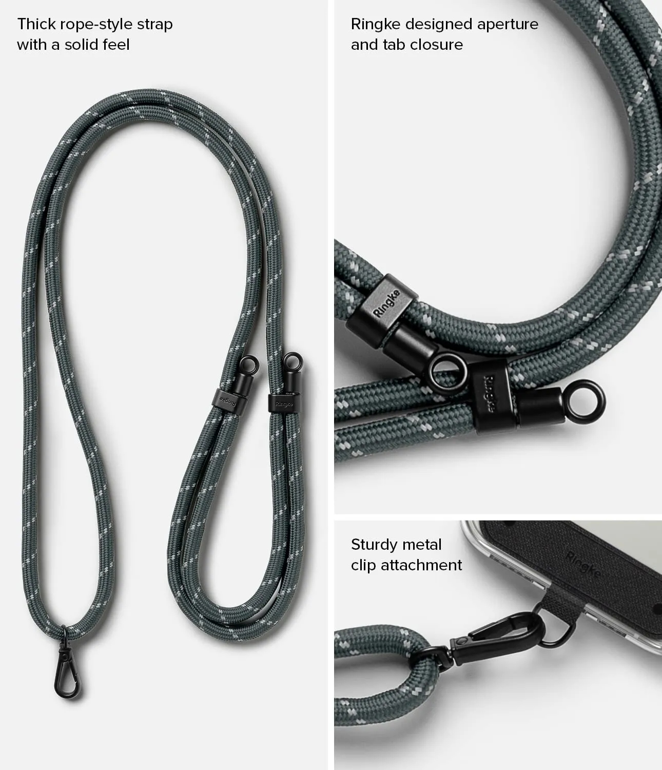 Adjustable Crossbody Polyester Rope Lanyard (Holder Link Strap) - Charcoal & Gray