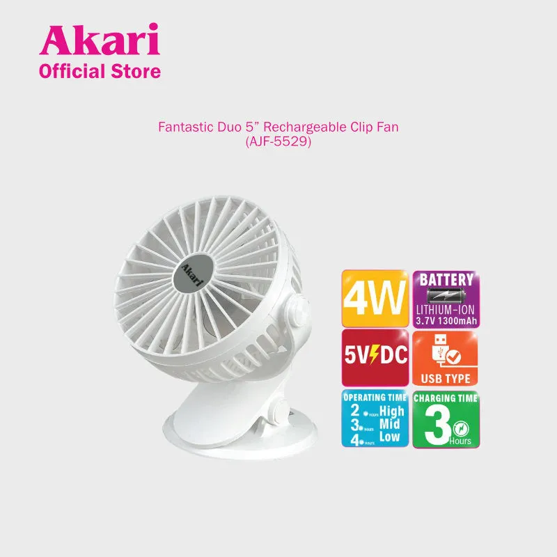 Akari Fantastic 2PCS Duo 5” Rechargeable Clip Fan ( AJF-5529 )