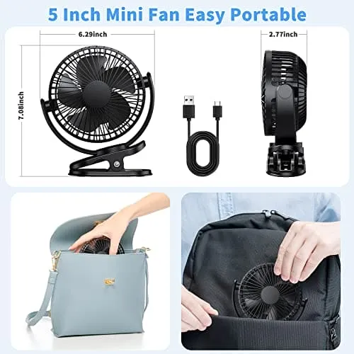 ATEngeus USB Fan, Rechargeable Portable Fan, Clip on Fan, Battery Operated Fan, 3 Speeds, 5000mAh USB Desk Fan, 720°Rotation, Sturdy Clamp for home, Camping, Treadmill and car