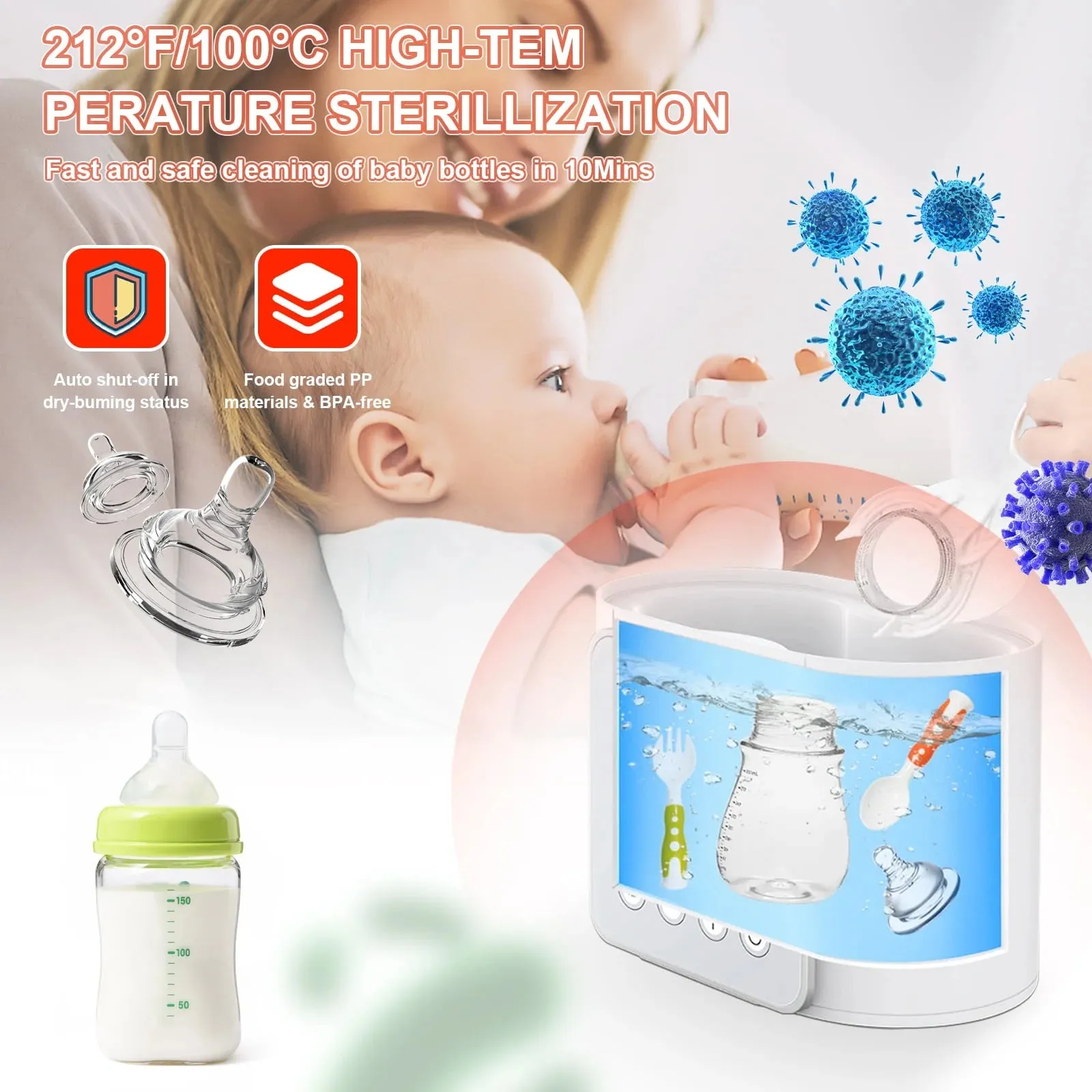 Baby , 9-In-1 Portable , Baby Bottle Sterilizer, Double Bottle Breast Milk Warmer with LCD Display, Timer & 24H Temperature Control