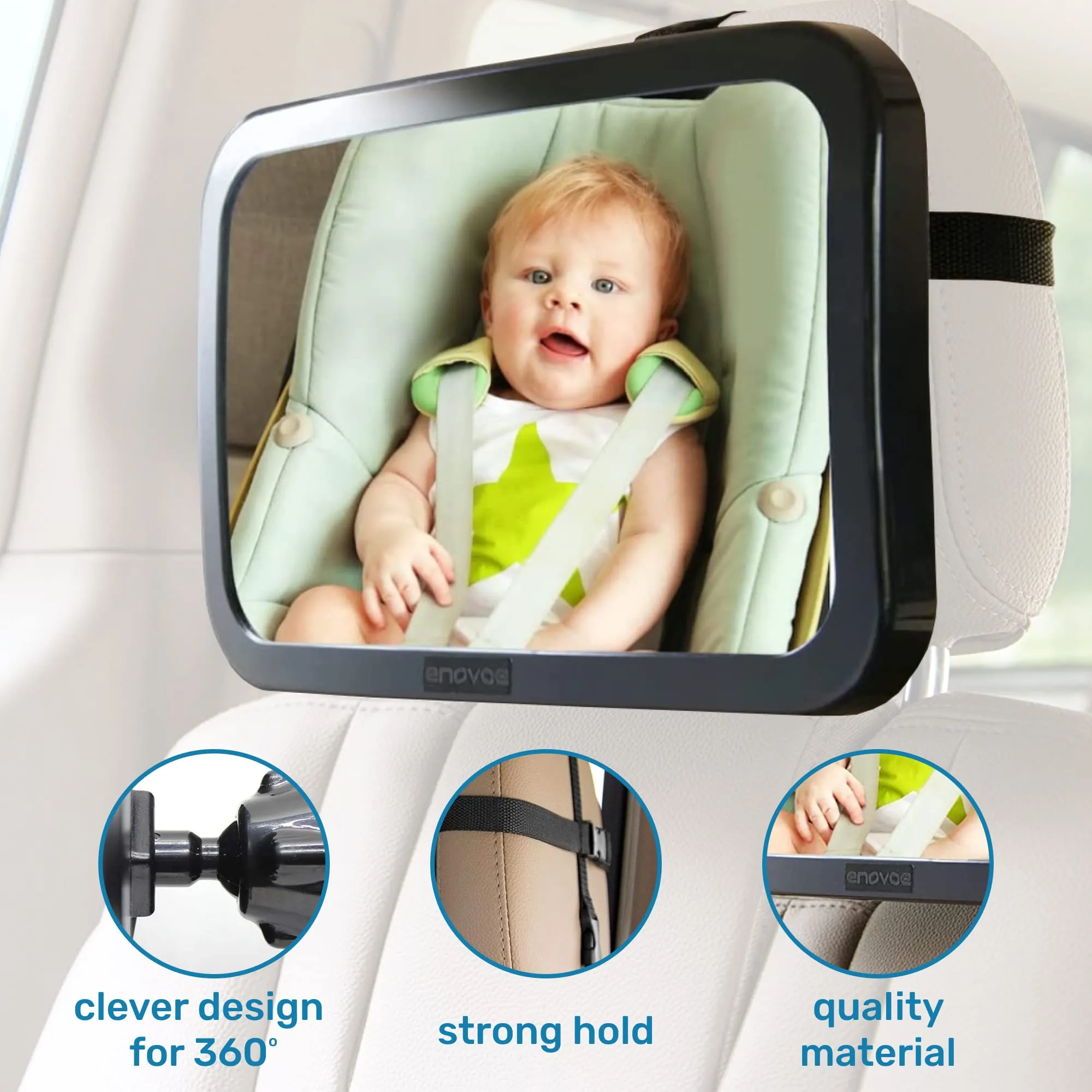 Baby Car Mirror With Cleaning Cloth - Wide, Convex Back Seat Baby Mirror For Car