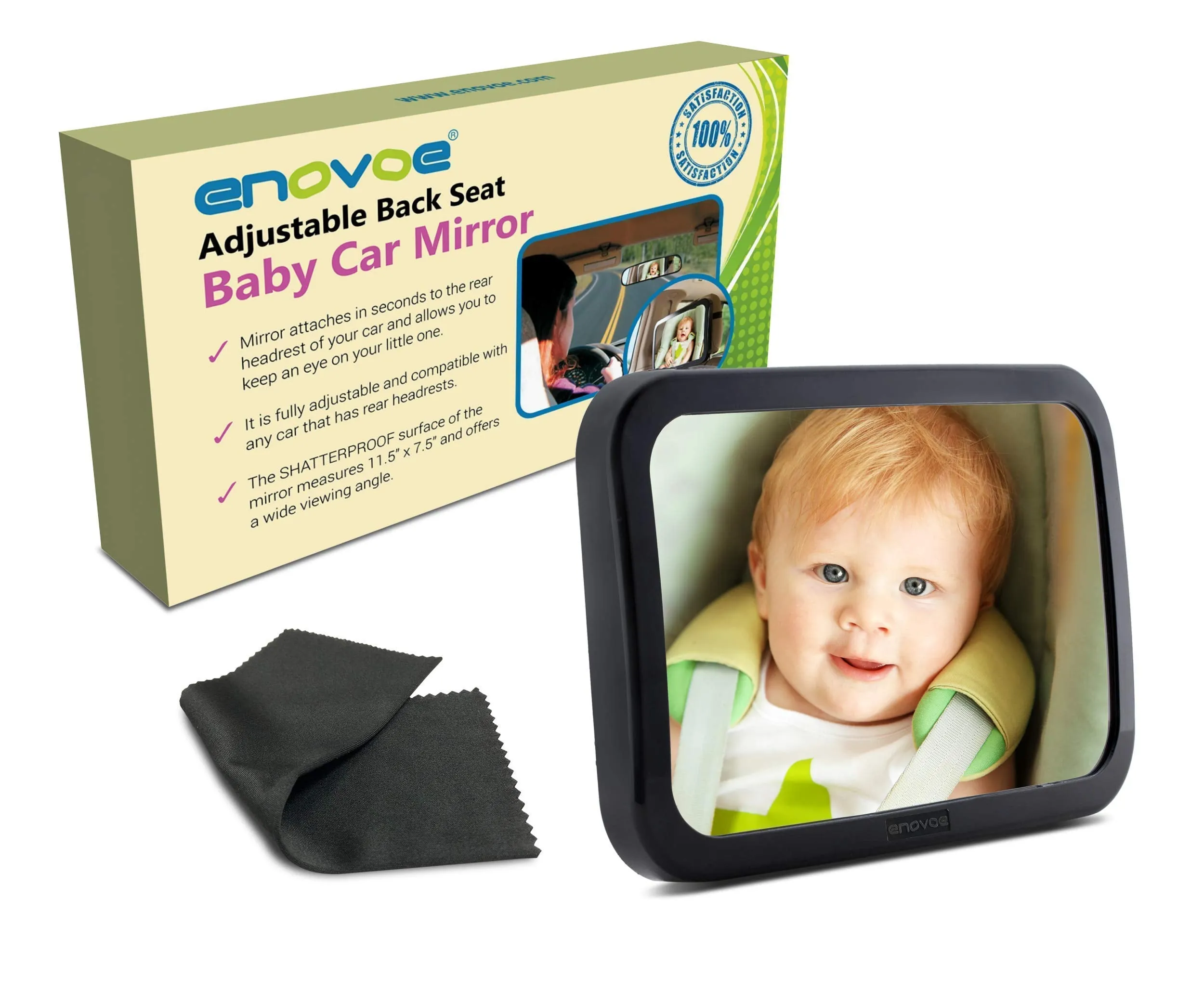 Baby Car Mirror With Cleaning Cloth - Wide, Convex Back Seat Baby Mirror For Car