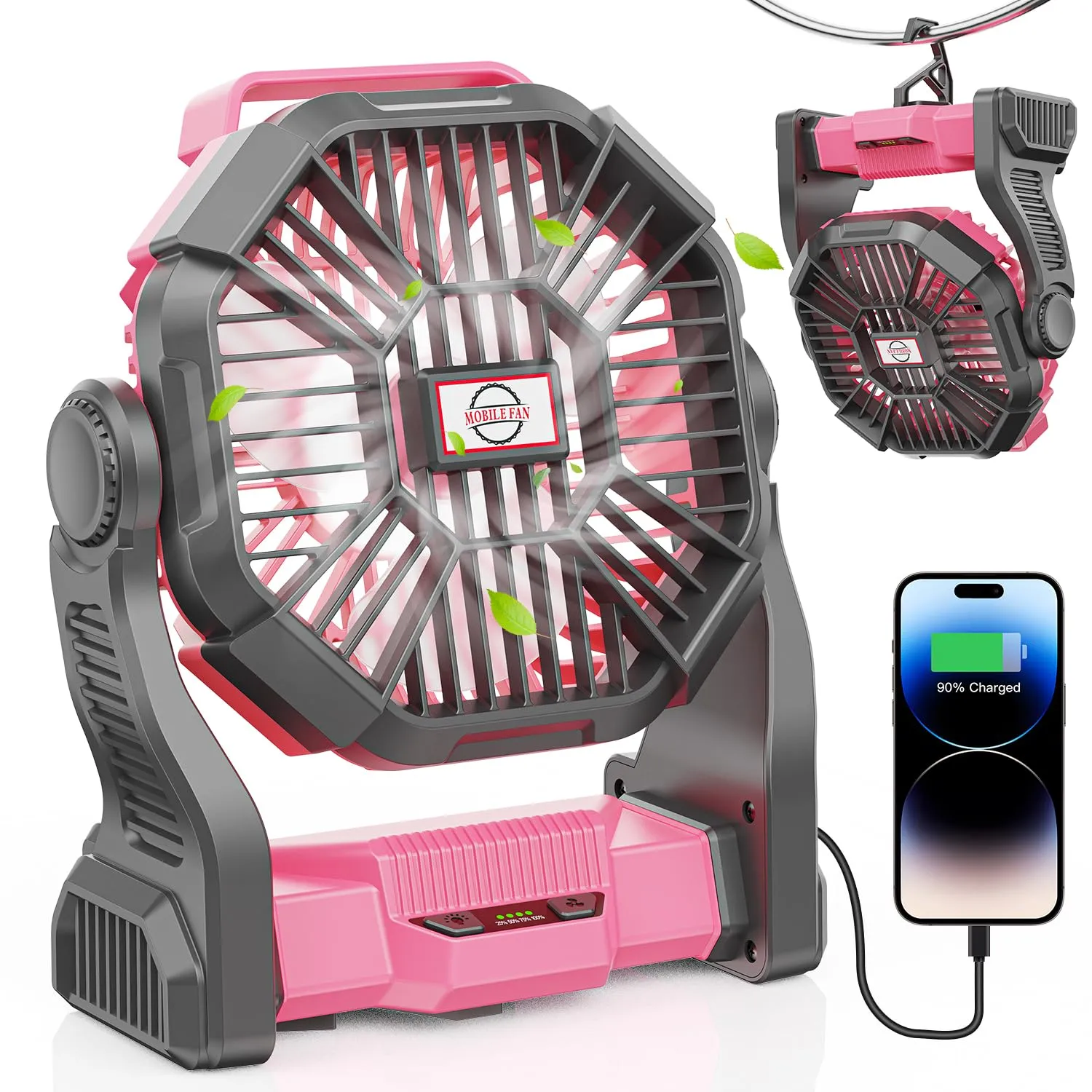 DOWILLDO Camping Fan with LED Lantern, 10400mah Portable Battery Operated Outdoor Fan, Personal Rechargeable Fan for Travel, Hiking, Fishing, Picnic (Pink)