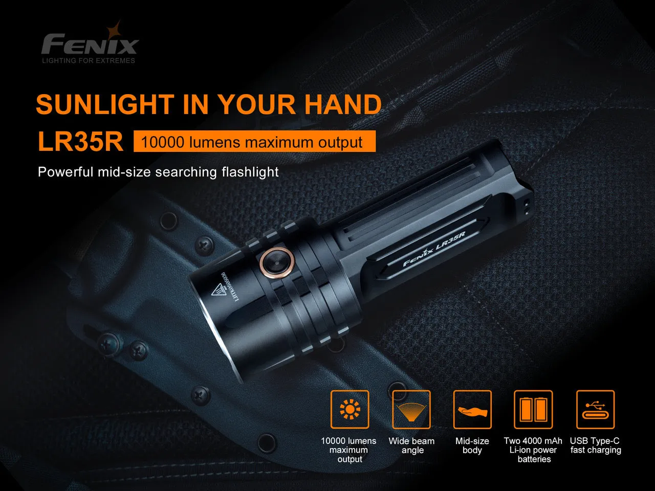 Fenix LR35R 10,000 Lumen Type-C Rechargeable Flashlight 2 * 21700 Batteries Luminus SST40 LED