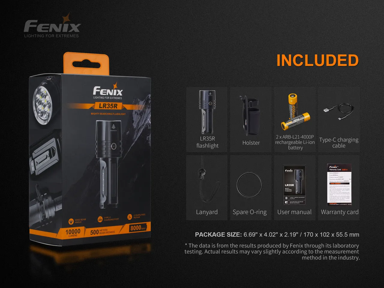 Fenix LR35R 10,000 Lumen Type-C Rechargeable Flashlight 2 * 21700 Batteries Luminus SST40 LED