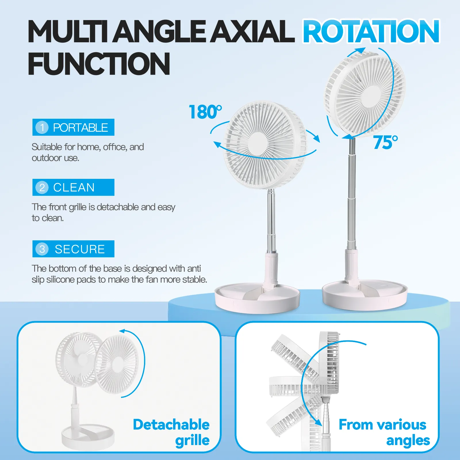 Folding Telescopic 4.5W Portable Height/Tilt Adjustable Rechargeable Cordless Fan