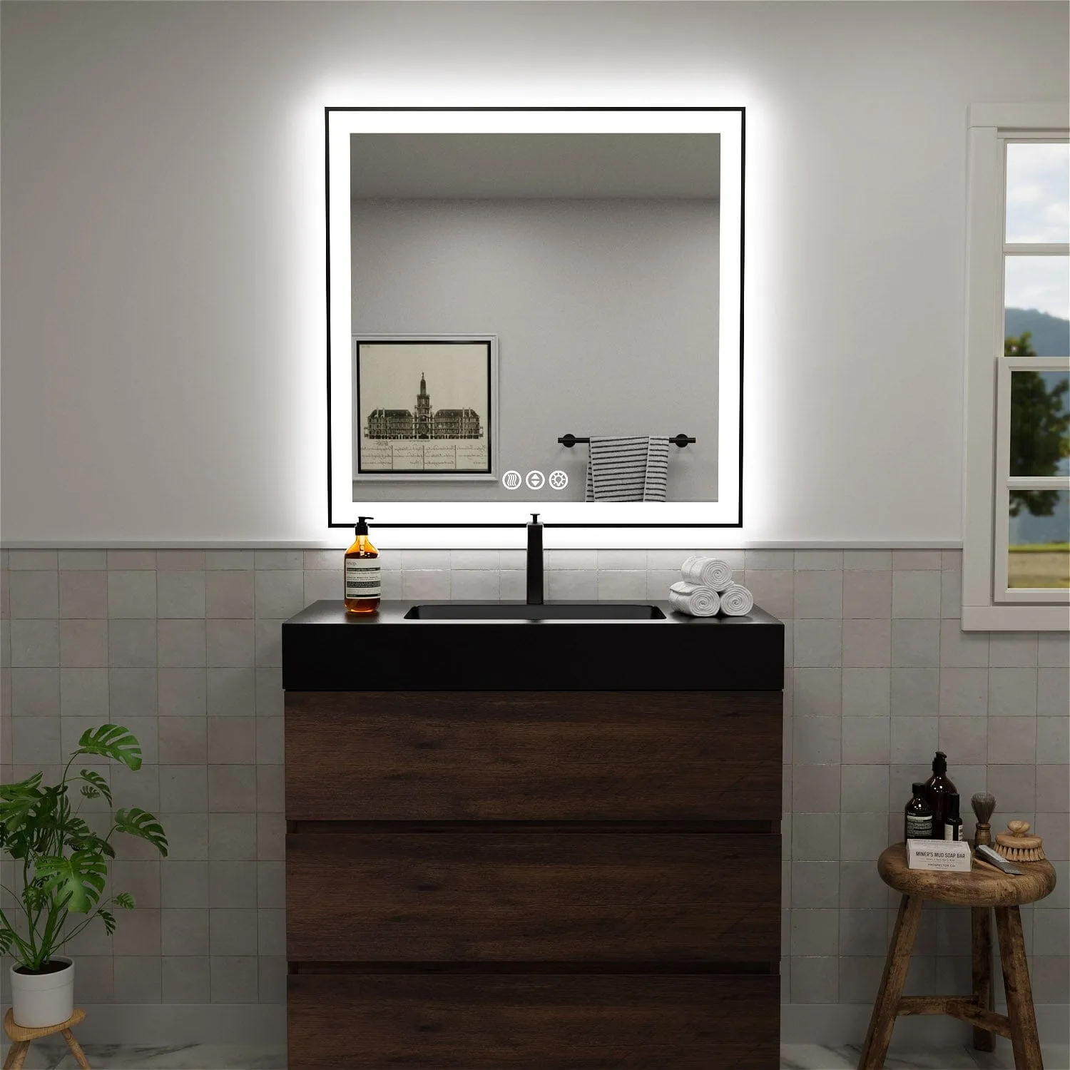 GIVING TREE 28"/32"/36"/40" LED Bathroom Mirror with Black Frame, Anti-Fog, Shatter-Proof, Memory, 3 Colors