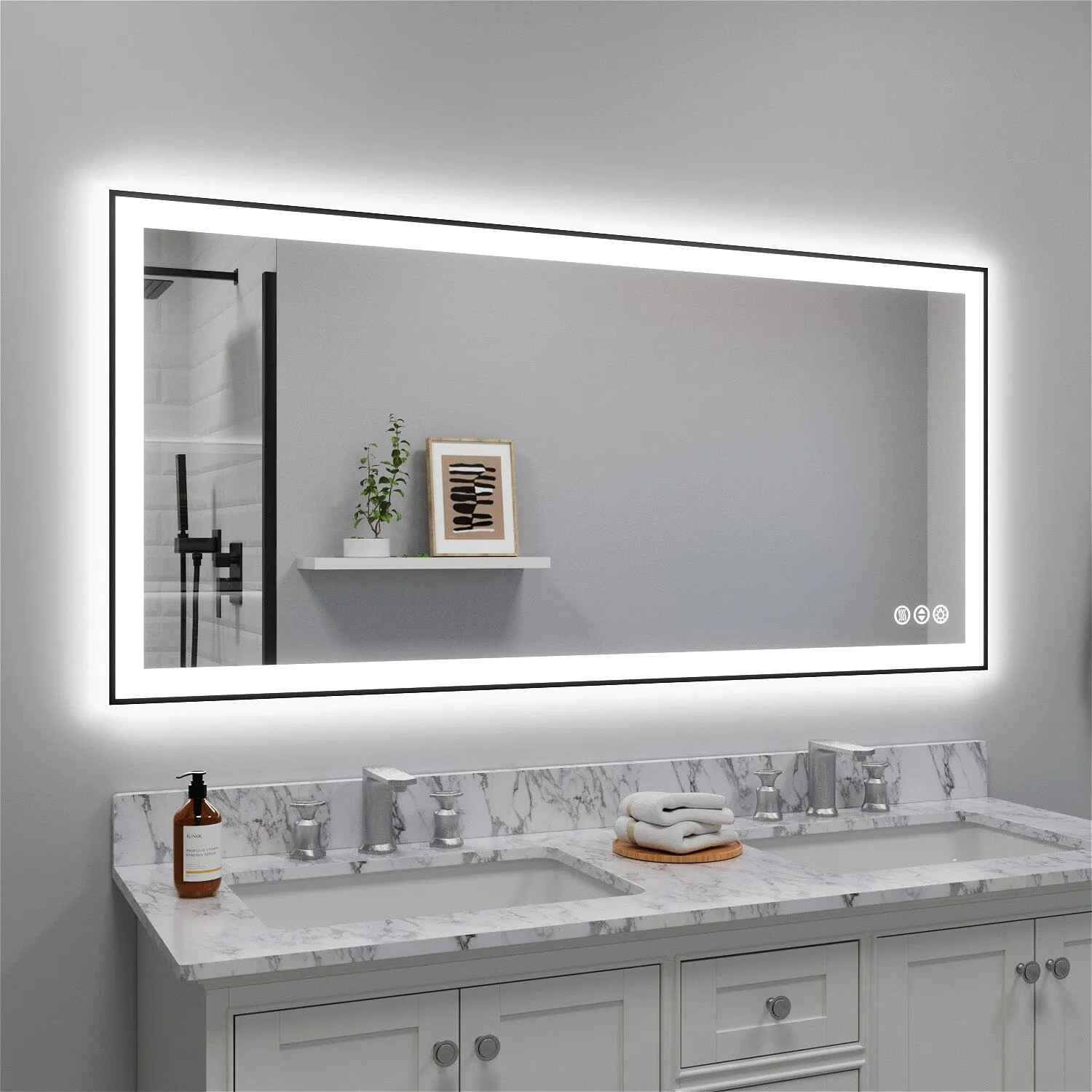 GIVING TREE 60"/72"/84" LED Bathroom Mirror with Black Frame, Anti-Fog, Shatter-Proof, Memory, 3 Colors