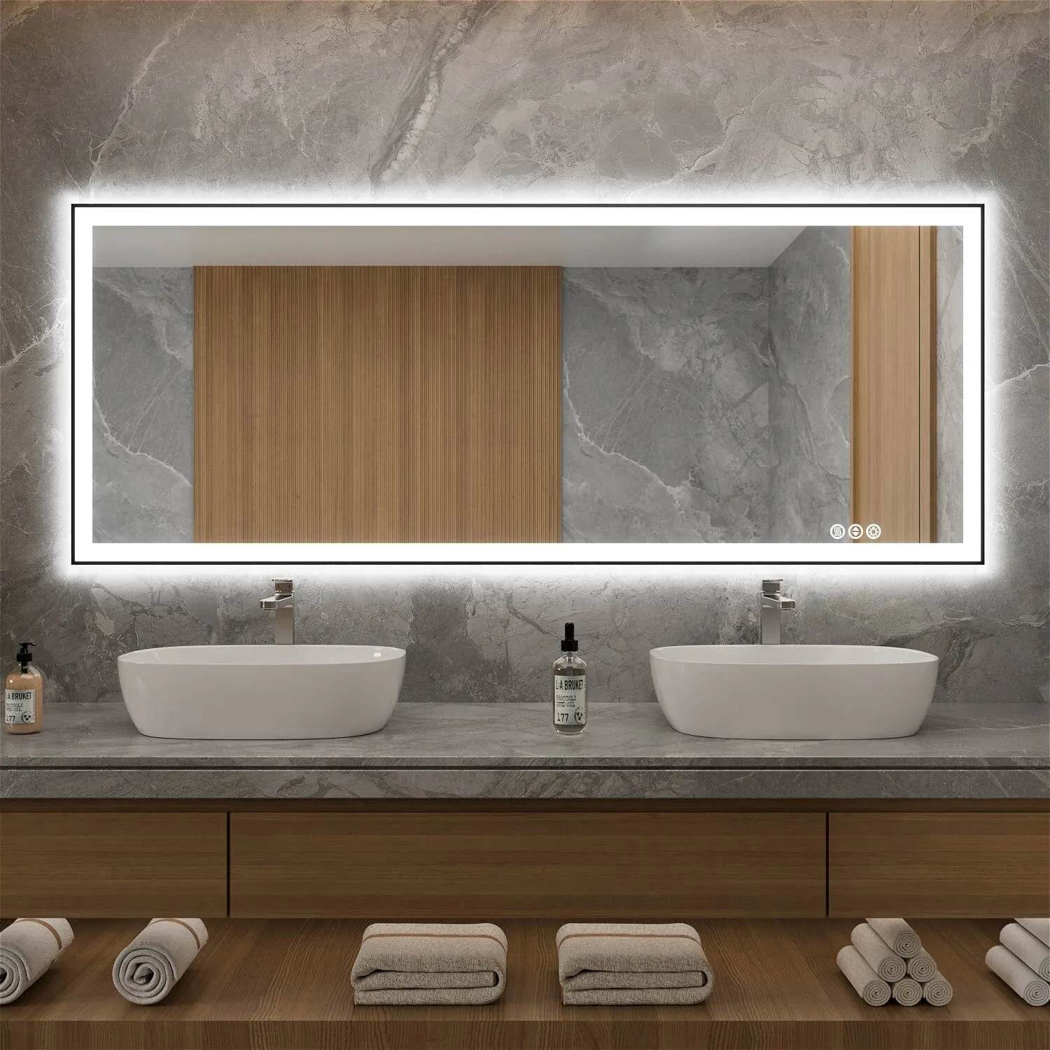 GIVING TREE 60"/72"/84" LED Bathroom Mirror with Black Frame, Anti-Fog, Shatter-Proof, Memory, 3 Colors