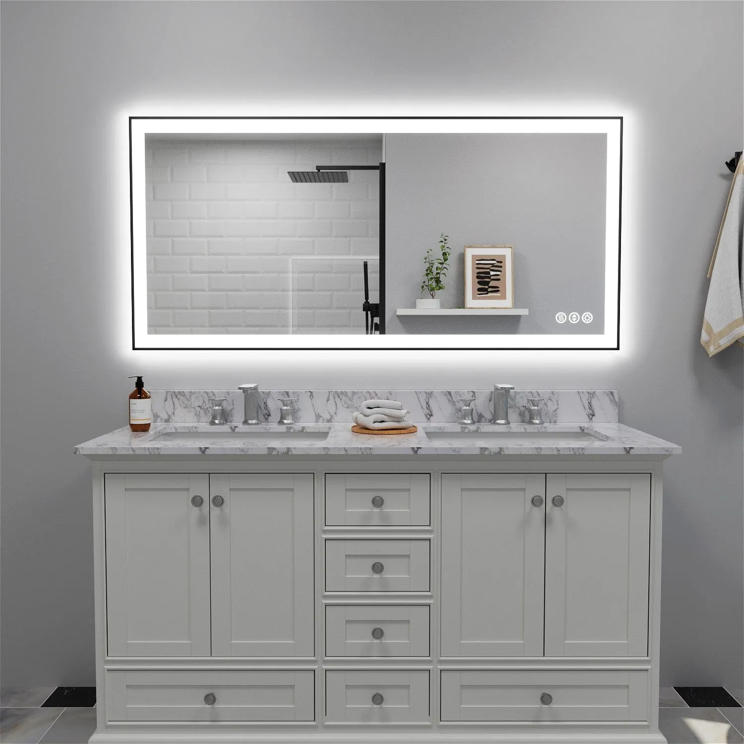 GIVING TREE 60"/72"/84" LED Bathroom Mirror with Black Frame, Anti-Fog, Shatter-Proof, Memory, 3 Colors