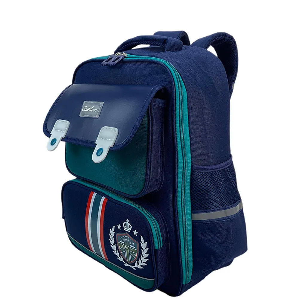 Green & Dark Blue Crest Design School Backpack for Kids