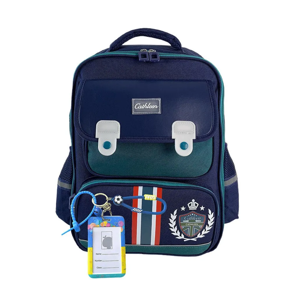 Green & Dark Blue Crest Design School Backpack for Kids