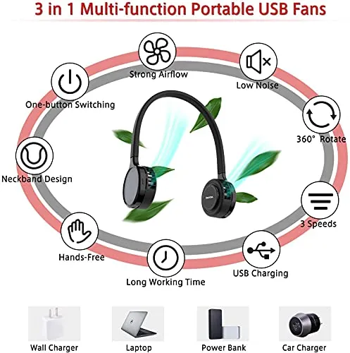 HANDA INSTRUMENT Solar Neck Fans 360° Rotation Portable Hands-Free 2000mah Solar Personal Mini Cooling Summer Fan With 3 Level For Office, Travel, Sports, Household, Outdoor (BLACK)