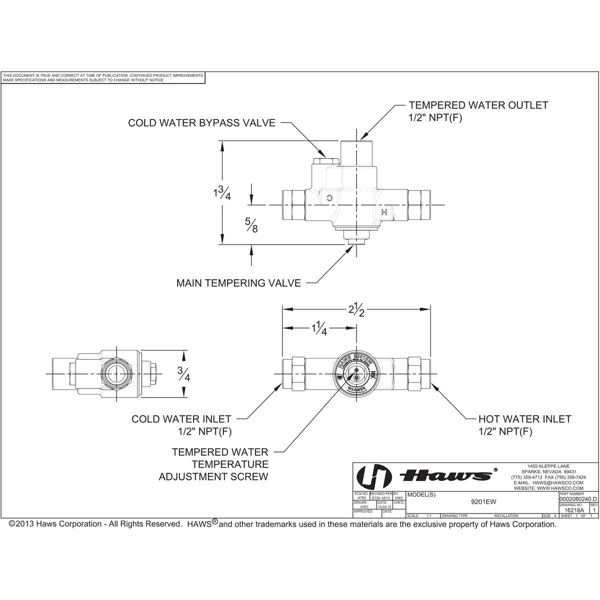 Haws 9201EW Thermostatic Mixing Valve