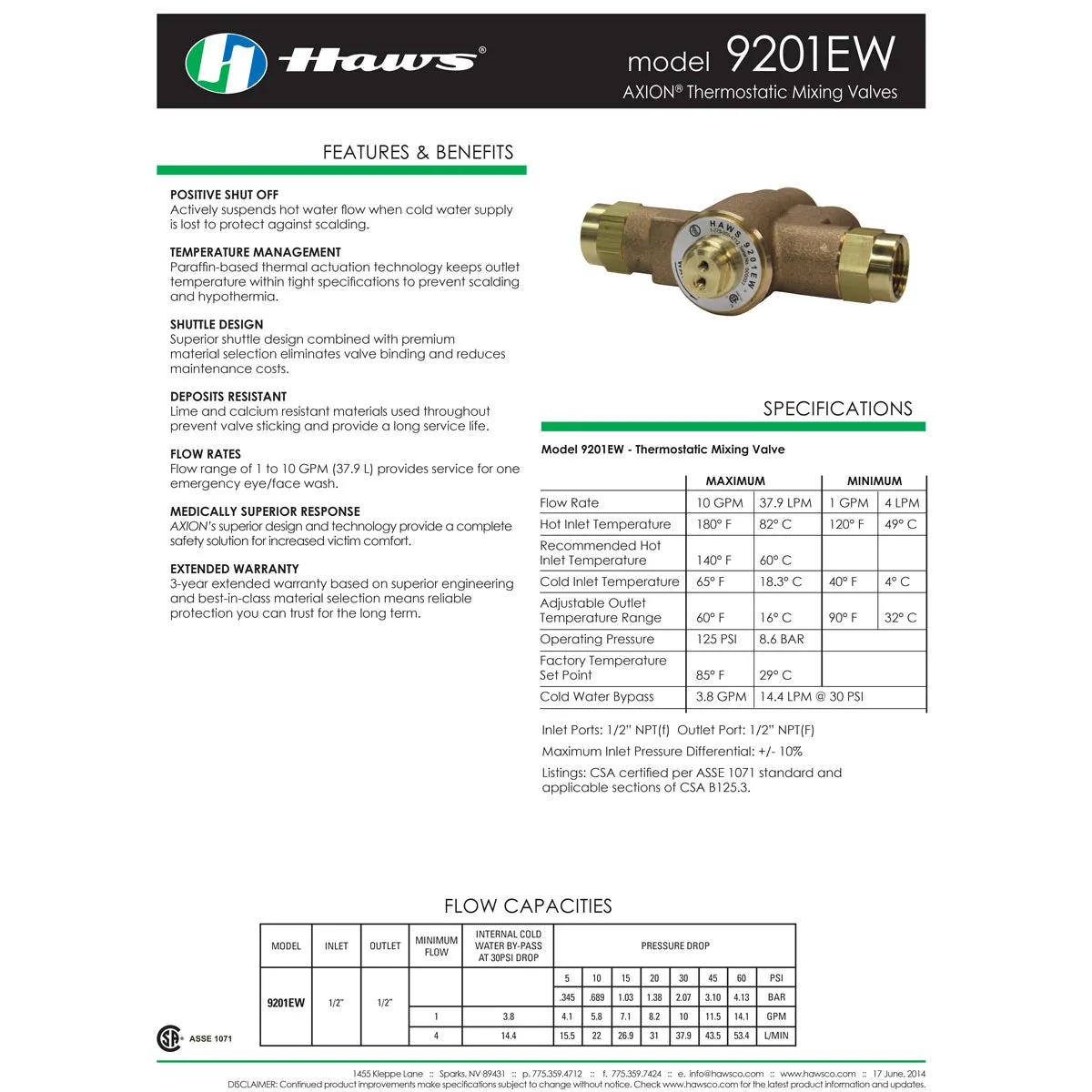 Haws 9201EW Thermostatic Mixing Valve