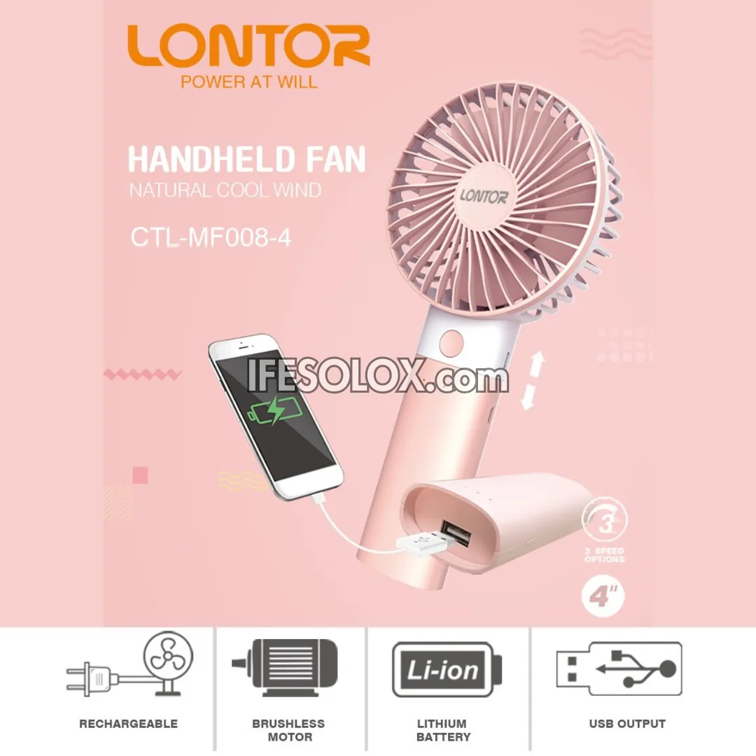 LONTOR 4" Rechargeable Portable Hand Fan with 4-Blades (CTL-MF008-4) - Brand New