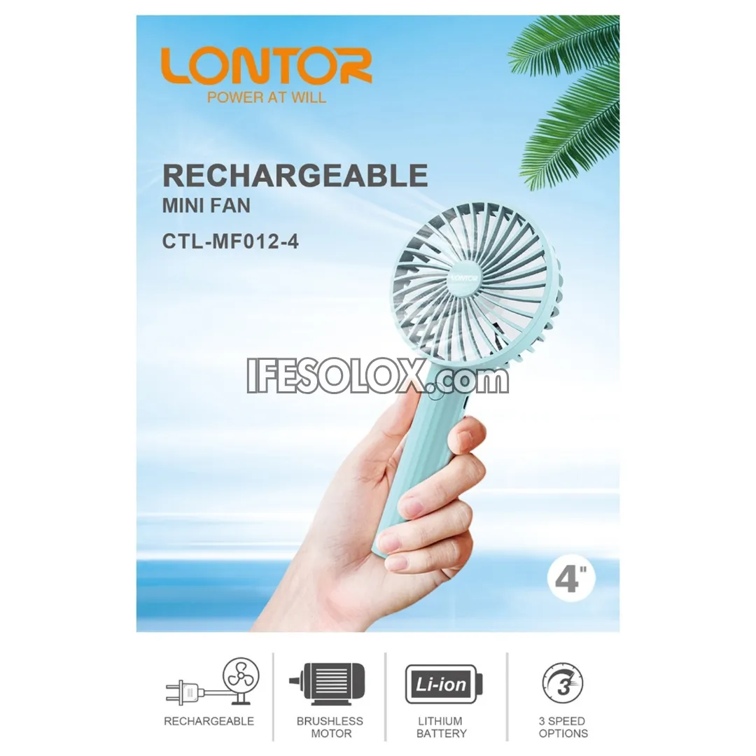 LONTOR 4" Rechargeable Portable Hand Fan with 4-Blades (CTL-MF012-4) - Brand New