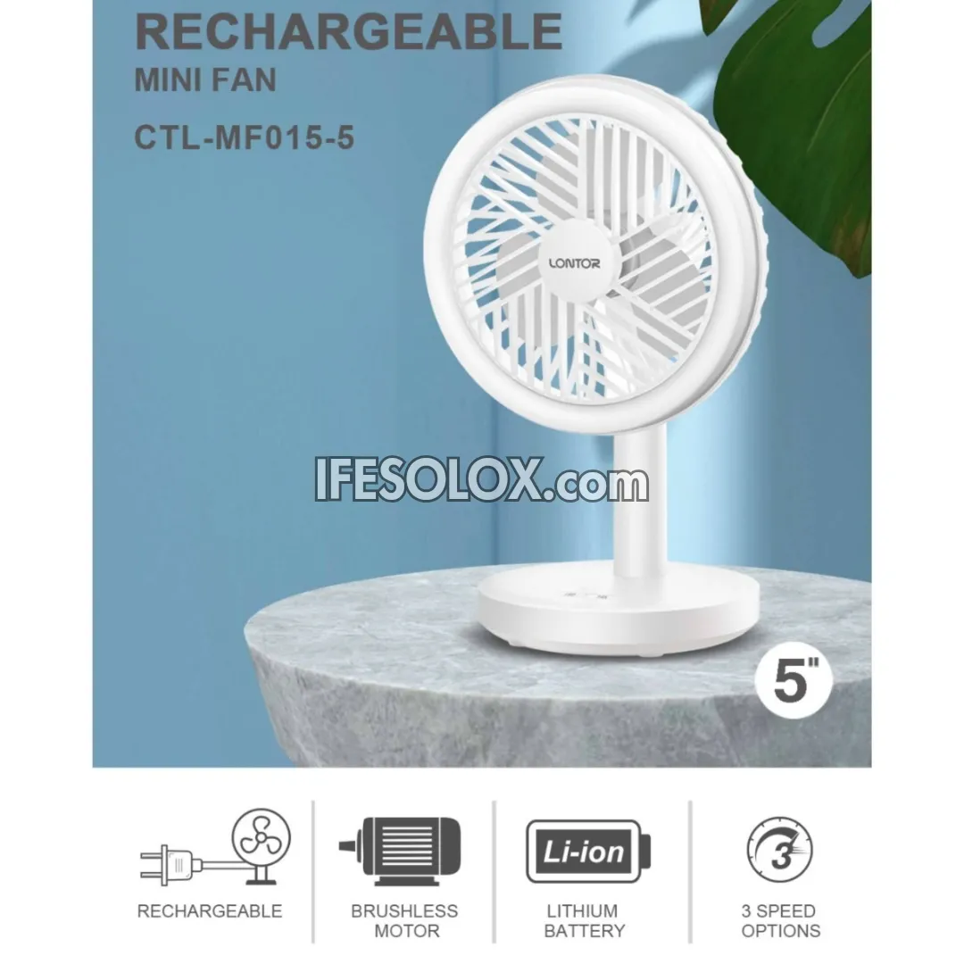 LONTOR 5" Rechargeable Mini Fan for Tables & Ceiling with 3-Blades and Harmonious Night Light (CTL-MF015-5) - Brand New