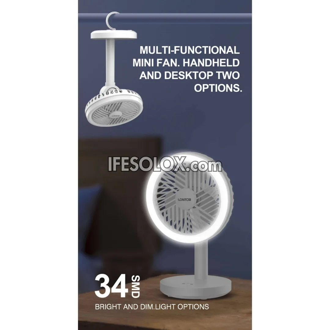 LONTOR 5" Rechargeable Mini Fan for Tables & Ceiling with 3-Blades and Harmonious Night Light (CTL-MF015-5) - Brand New