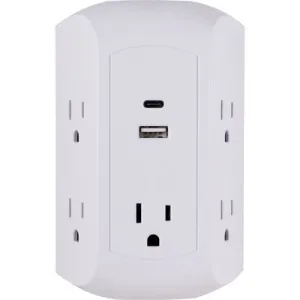 New - GE 5 Outlet Grounded Tap with 2 USB Ports USB-A and C 560J 3.4A White