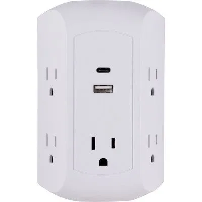 New - GE 5 Outlet Grounded Tap with 2 USB Ports USB-A and C 560J 3.4A White