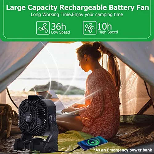 Portable Camping Fan Rechargeable Battery Powered Fan, Outdoor Fan Rechargeable Portable Fan with LED Lantern, 270°Rotation Battery Operated Fan USB Desk Fan Table Fan Personal Fan for Tents with Hook