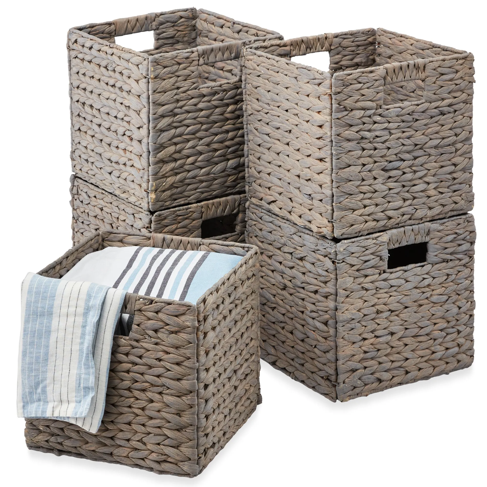 Set of 5 Collapsible Hyacinth Storage Baskets w/ Inserts - 10.5x10.5in