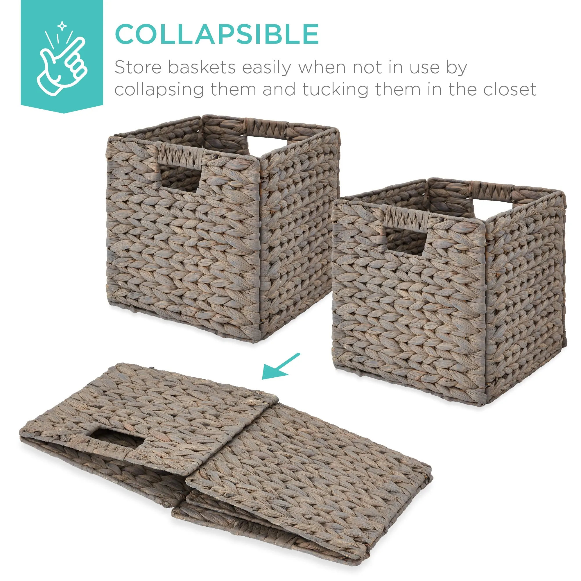 Set of 5 Collapsible Hyacinth Storage Baskets w/ Inserts - 12x12in