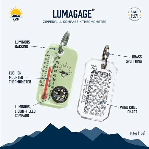 Sun Company LumaGage | Multi-Functional Glow-in-The-Dark Zipper Pull Compass & Thermometer with Wind Chill Chart | Ideal for Camping, Hiking, and Outdoor Navigation