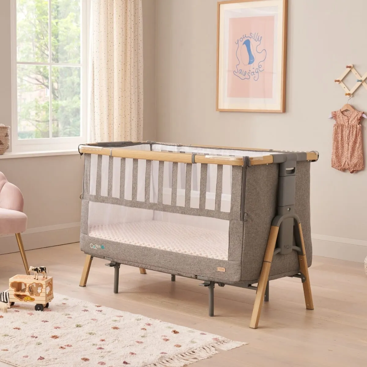 Tutti Bambini Cozee XL Bedside Crib and Cot - Oak/Charcoal