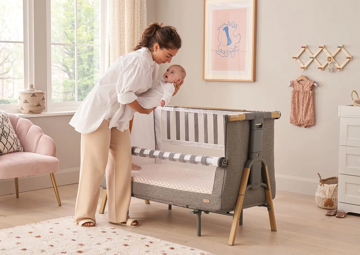 Tutti Bambini Cozee XL Bedside Crib and Cot - Oak/Charcoal