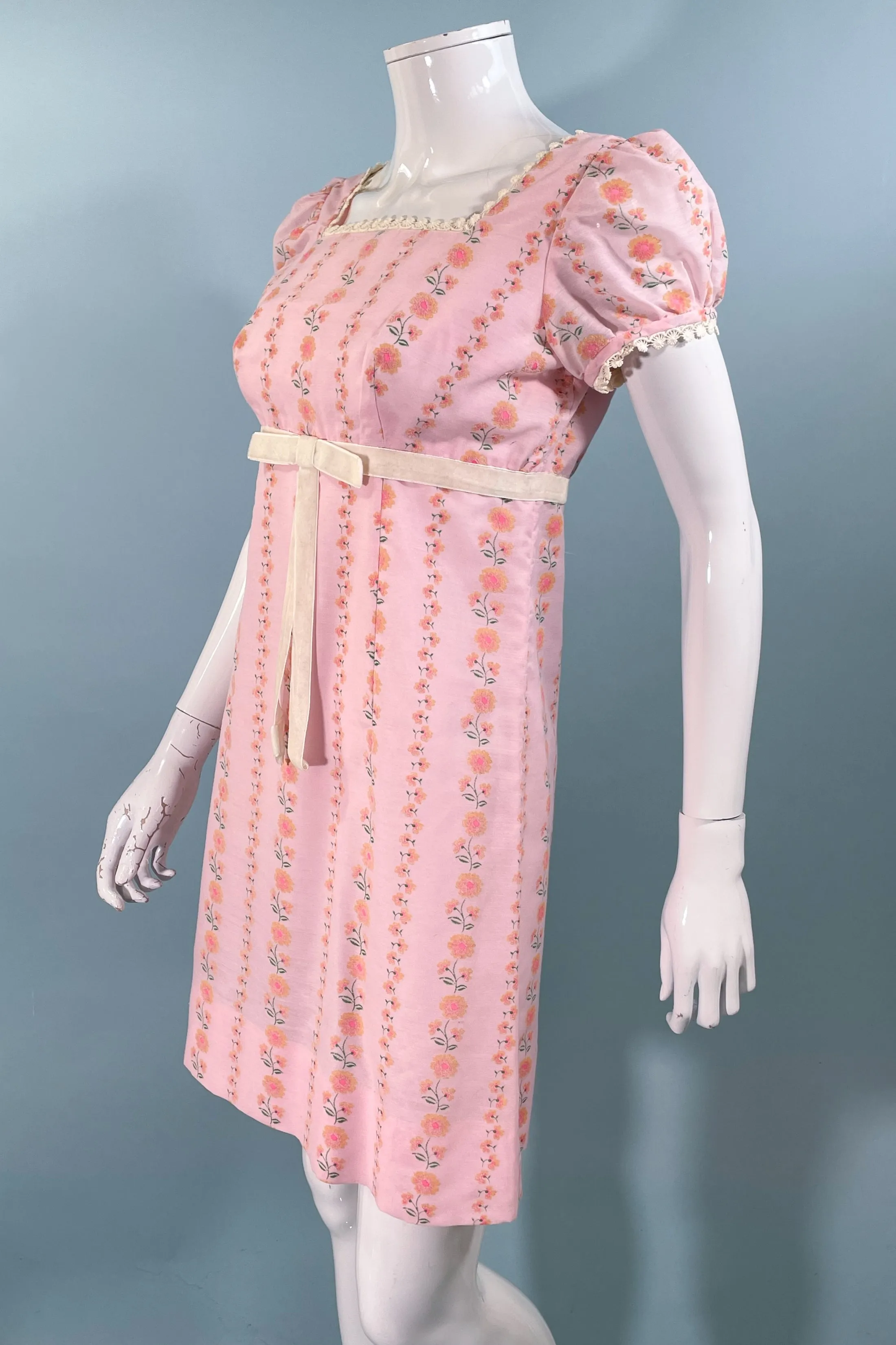 Vintage 60s Mod Baby Doll Empire Waist Mini Dress, Pink Floral Print Mini